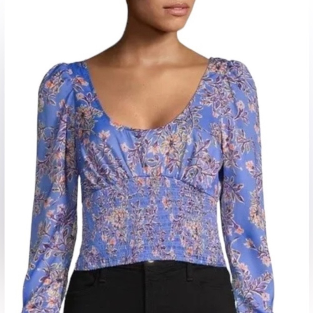 Free People Santiago Top Bluebell Combo Medium Floral Print Smocked Long Sleeve